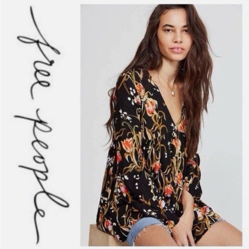 Free People Bella Floral Print Tunic Oversize Loose Colorful Blouse Boho Size XS